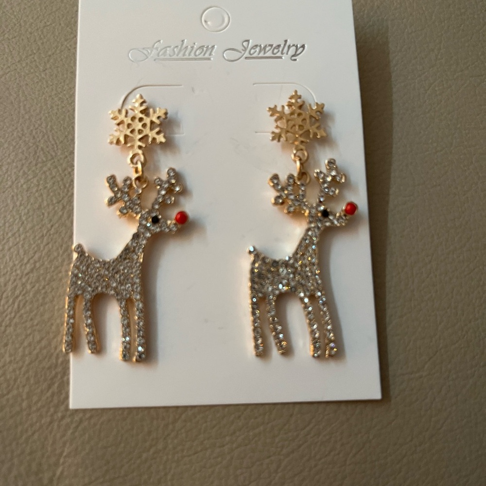 Christmas holiday reindeer dangling sparkling earrings with snowflake